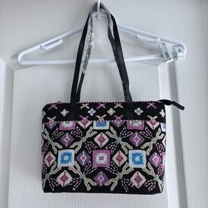 Black Beaded Tote with Pink & Blue Geometric Embroidery